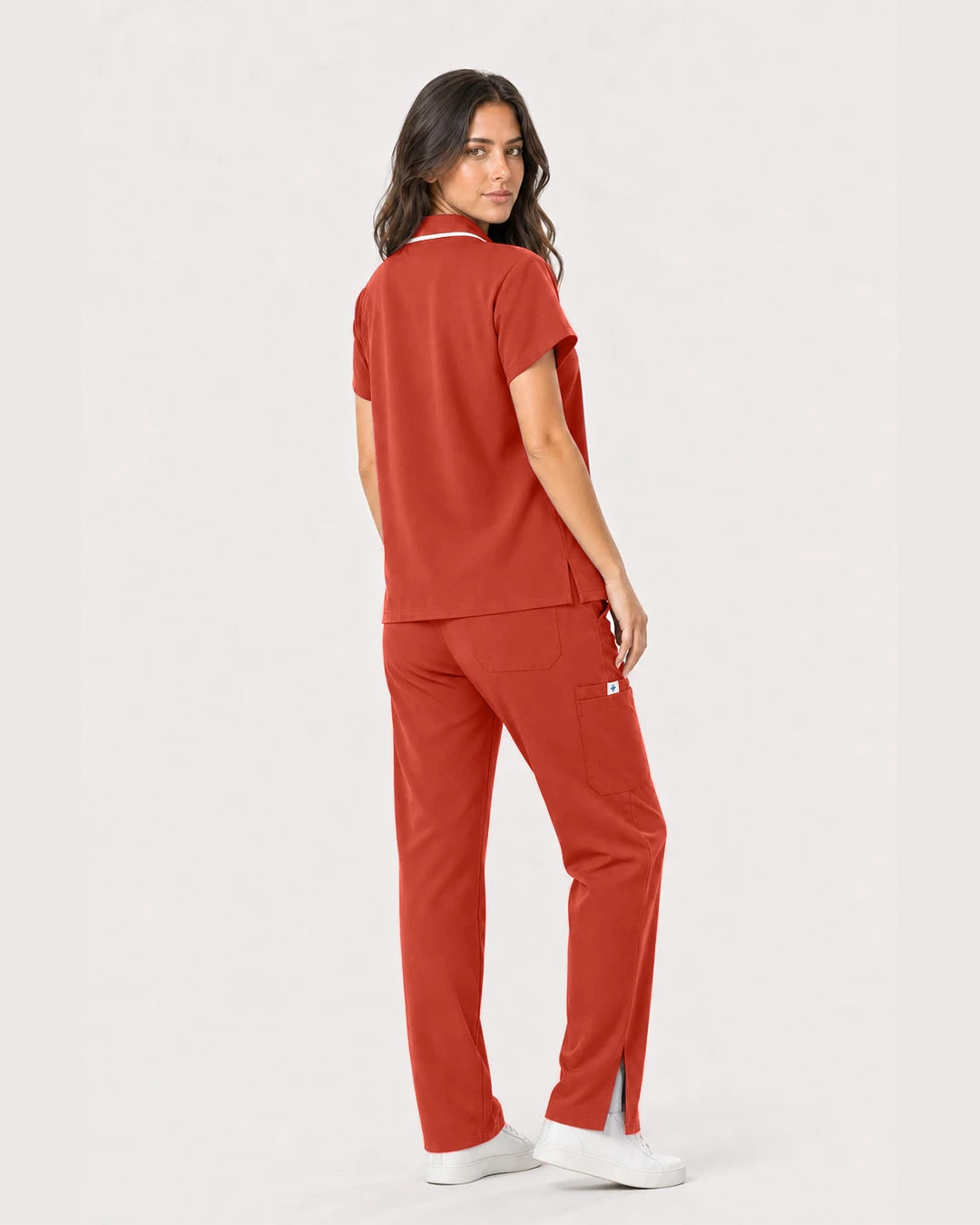 Orange Red Eipnare Women's Zip Polo Straight-Leg Scrub Set - Stretch Medical Scrubs for Women