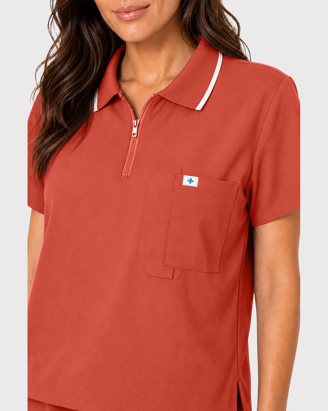 Orange Red Eipnare Women's Zip Polo Straight-Leg Scrub Set - Stretch Medical Scrubs for Women