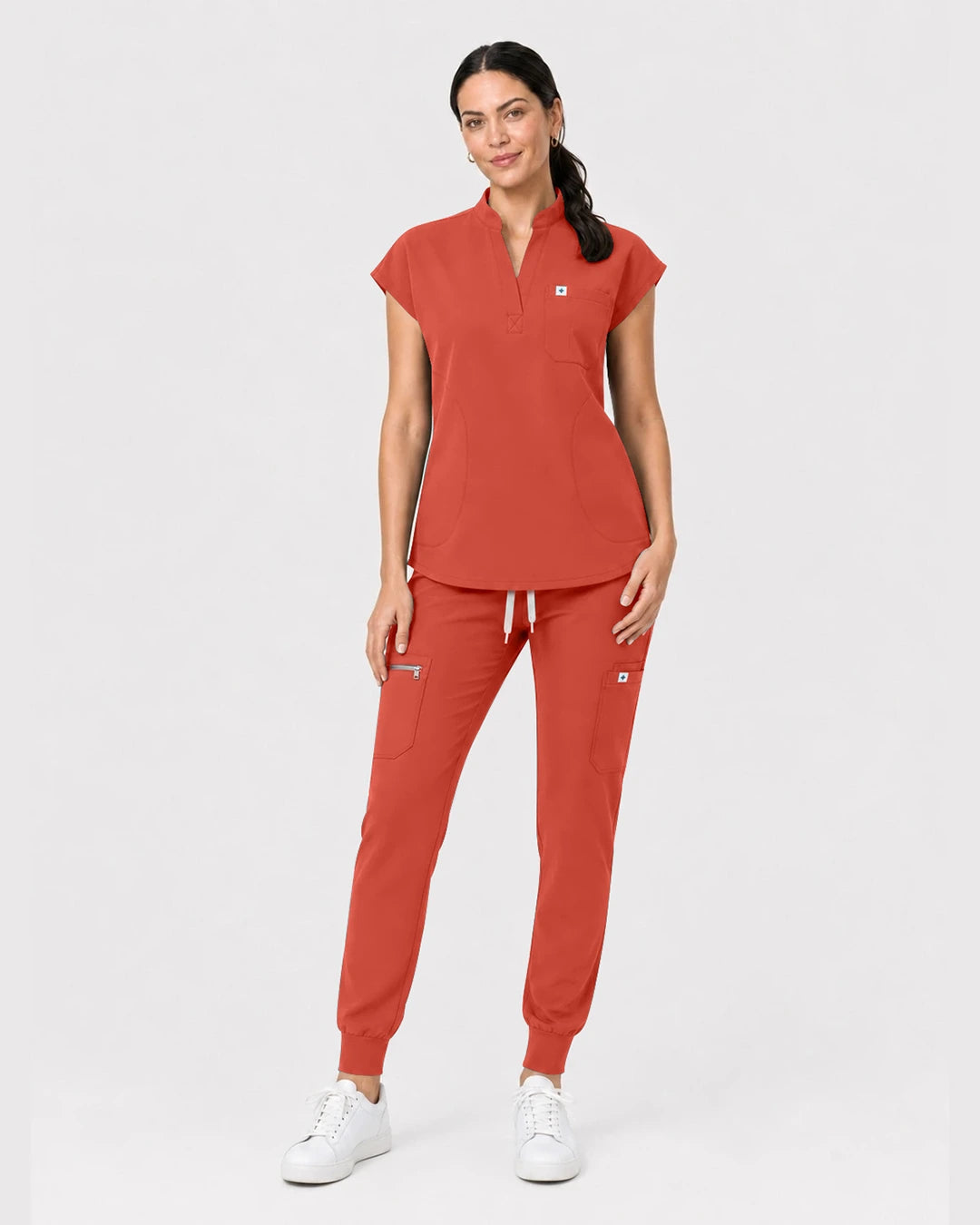 Orange Red Eipnare Women's Henley Sleeveless Jogger Scrub Set - Stretch Medical Scrubs for Women
