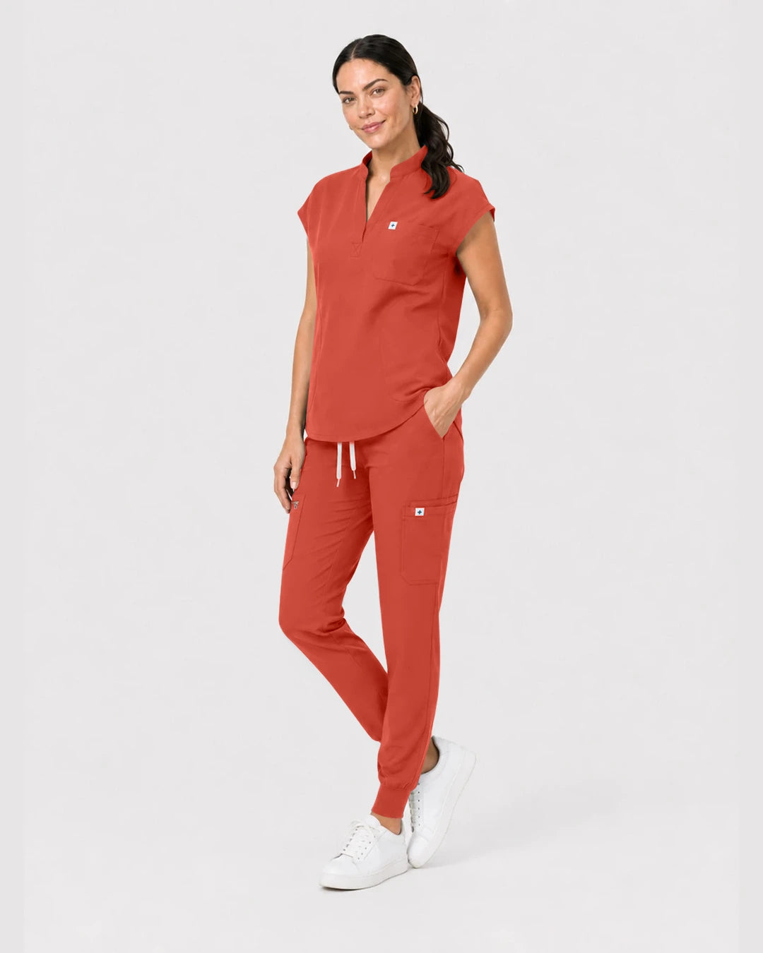 Orange Red Eipnare Women's Henley Sleeveless Jogger Scrub Set - Stretch Medical Scrubs for Women