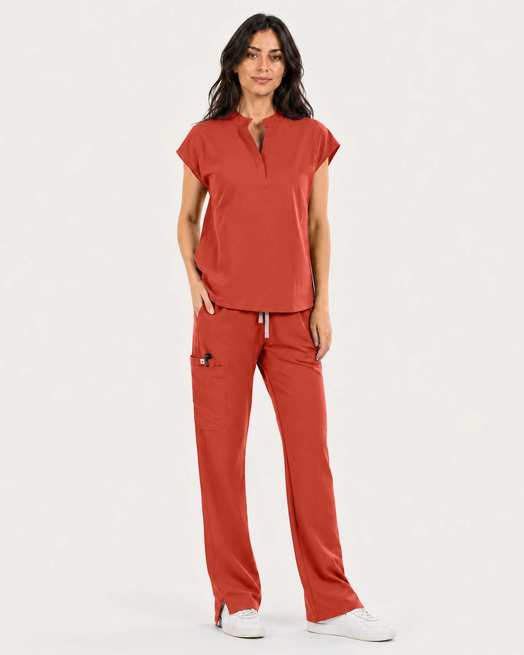 Orange Red Eipnare Women's Mandarin Sleeveless Straight-Leg Scrub Set - Stretch Medical Scrubs for Women