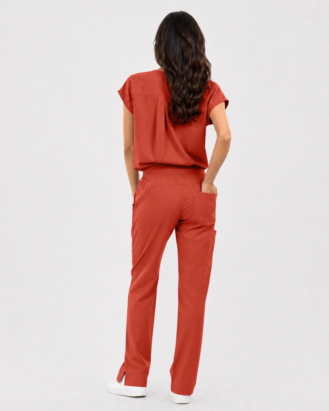 Orange Red Eipnare Women's Mandarin Sleeveless Straight-Leg Scrub Set - Stretch Medical Scrubs for Women