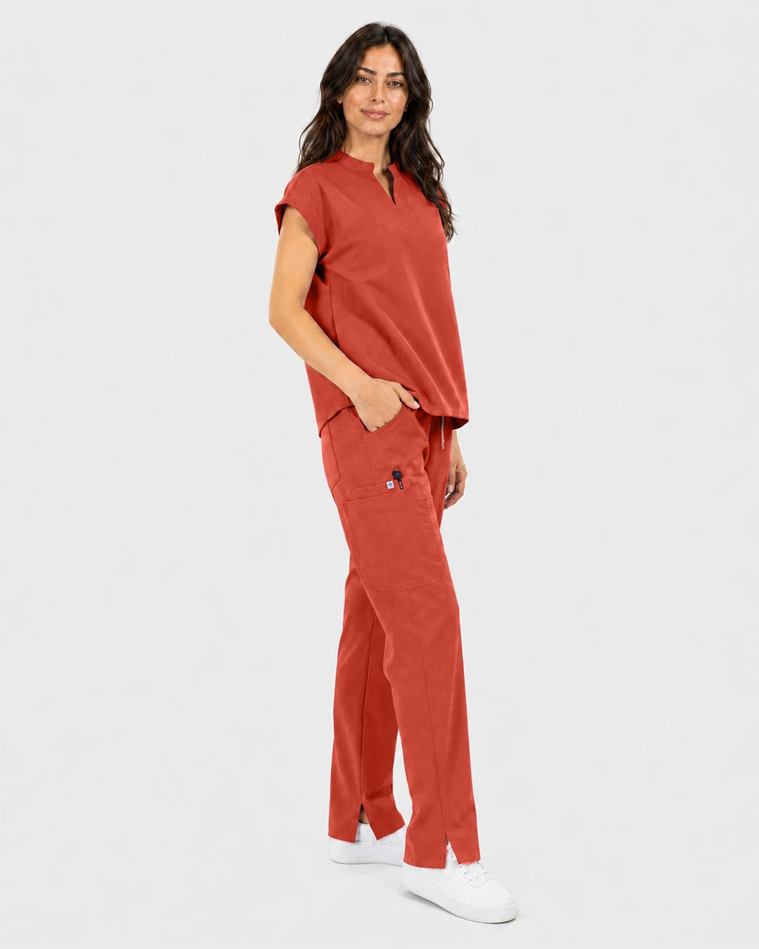 Orange Red Eipnare Women's Mandarin Sleeveless Straight-Leg Scrub Set - Stretch Medical Scrubs for Women