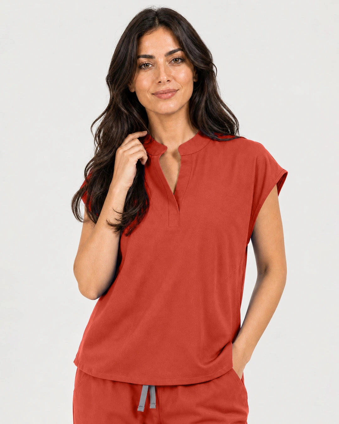 Orange Red Eipnare Women's Mandarin Sleeveless Straight-Leg Scrub Set - Stretch Medical Scrubs for Women
