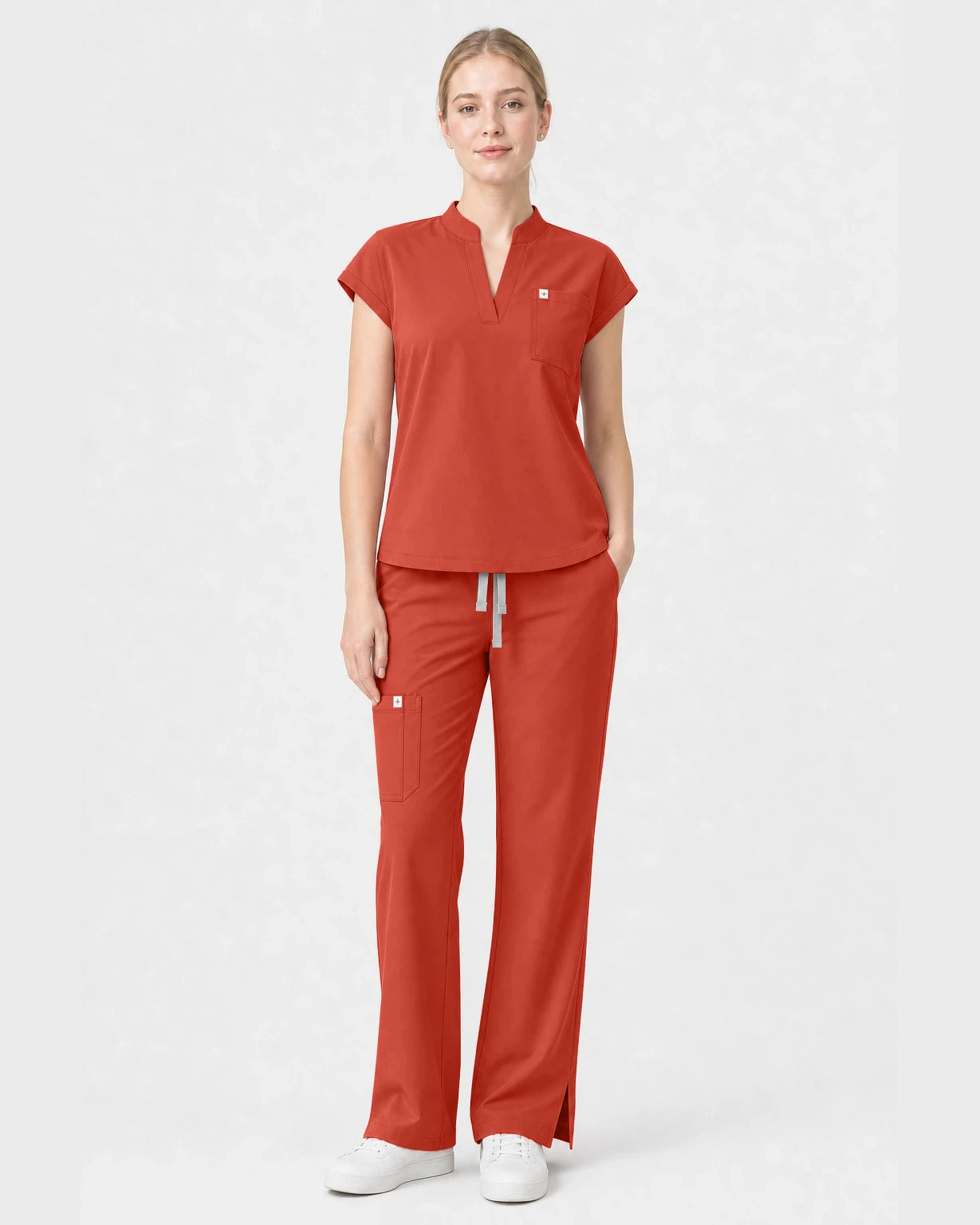 Orange Red Eipnare Women's Henley Sleeveless Straight-Leg Scrub Set - Stretch Medical Scrubs for Women