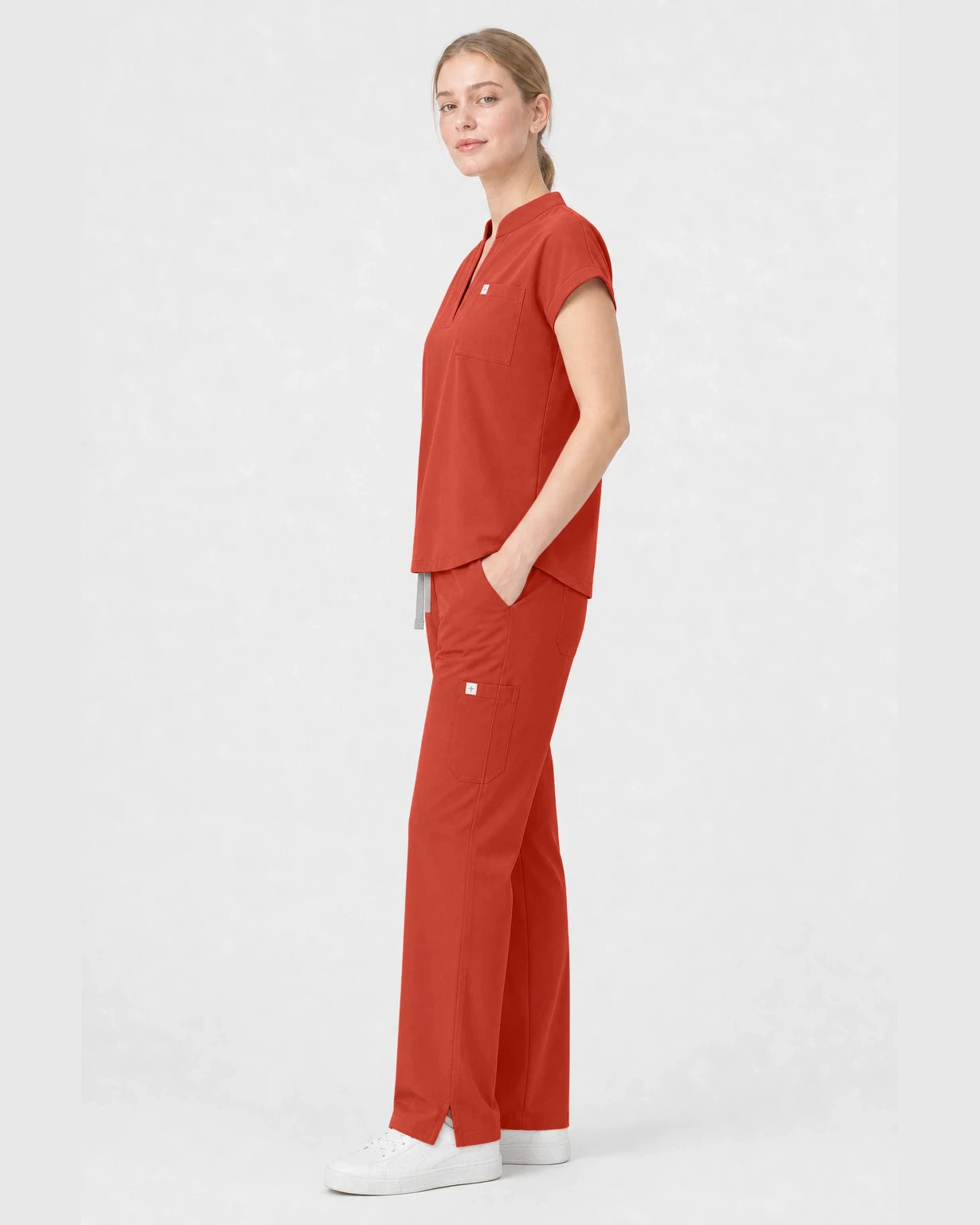 Orange Red Eipnare Women's Henley Sleeveless Straight-Leg Scrub Set - Stretch Medical Scrubs for Women