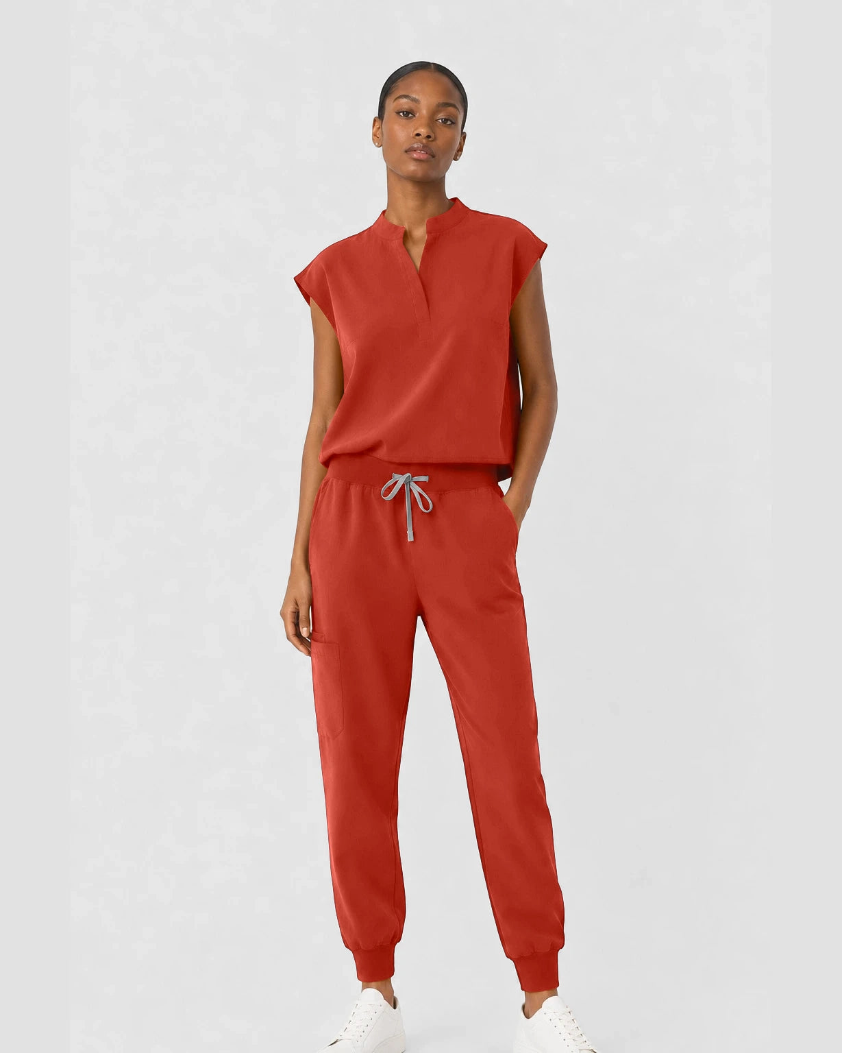 Orange Red Eipnare Women's Sleeveless Mandarin Collar Jogger Scrub Set - Stretch Medical Scrubs for Women