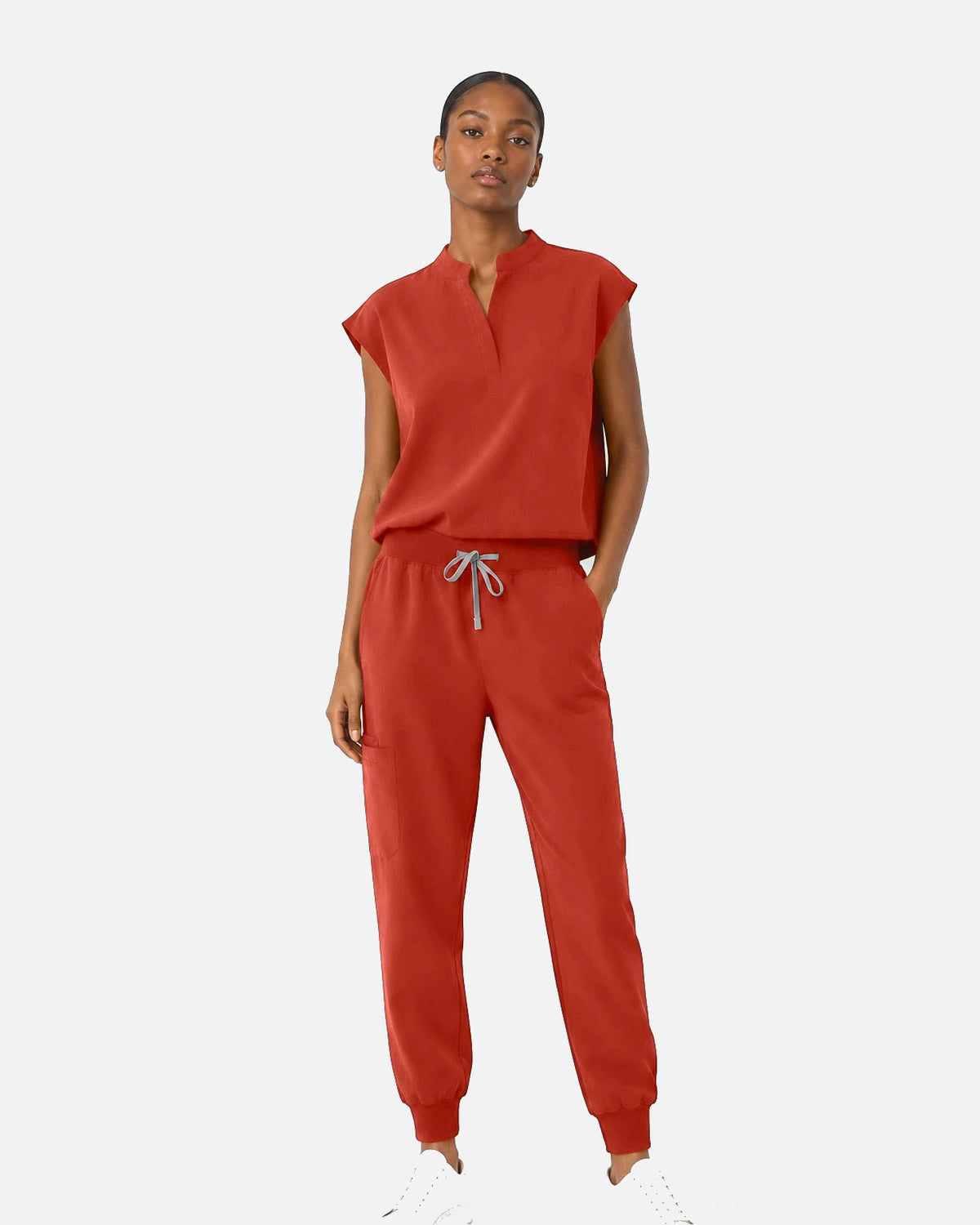 Orange Red – Eipnare Women's Sleeveless Mandarin Collar Jogger Uniform Set – product image 01