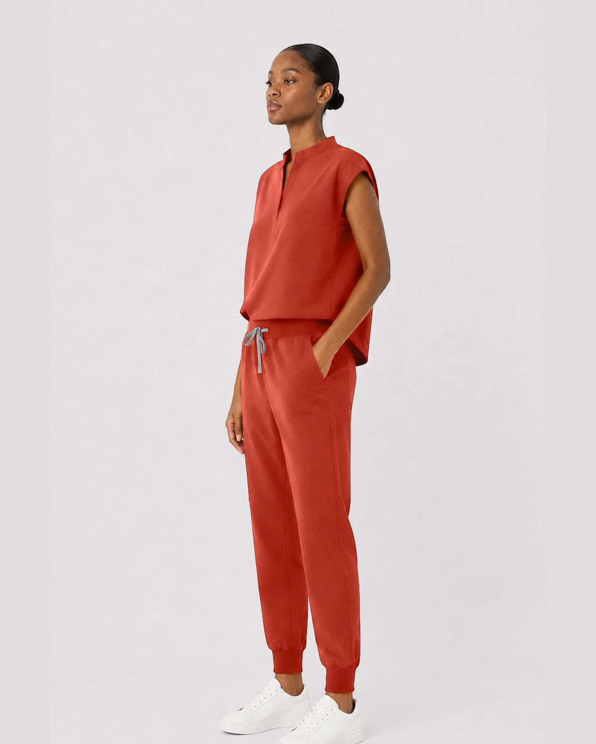 Orange Red Eipnare Women's Sleeveless Mandarin Collar Jogger Scrub Set - Stretch Medical Scrubs for Women