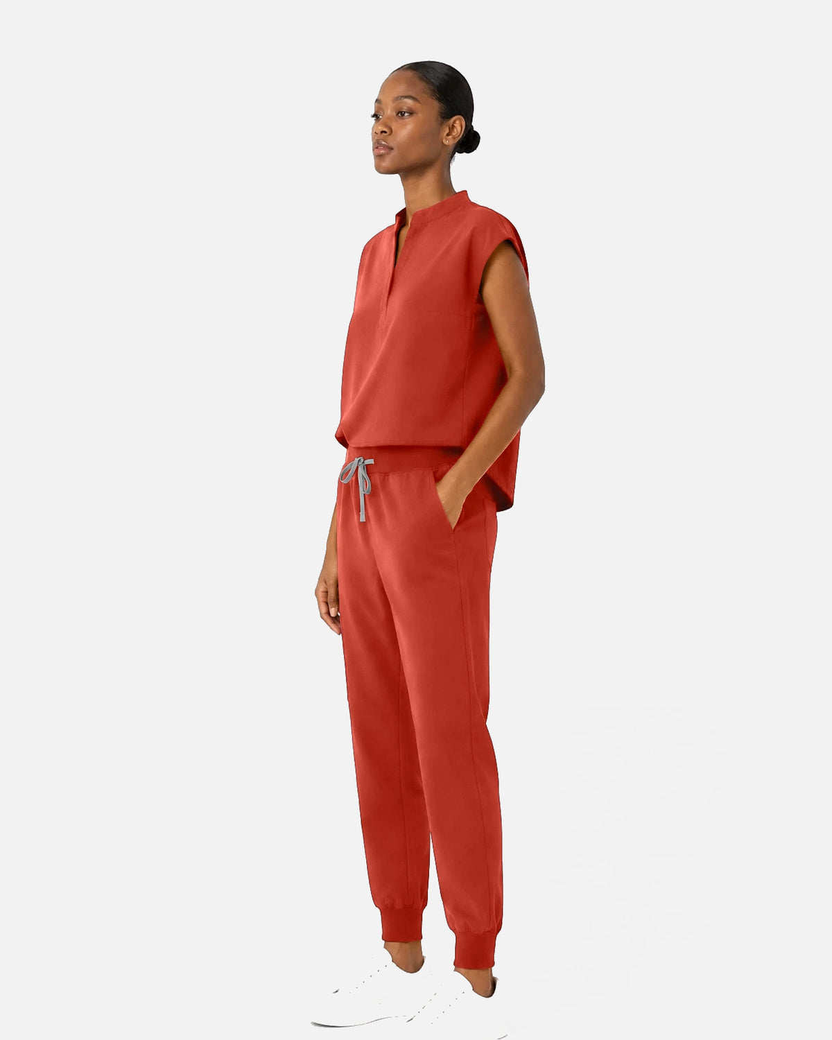 Orange Red – Eipnare Women's Sleeveless Mandarin Collar Jogger Uniform Set – product image 02