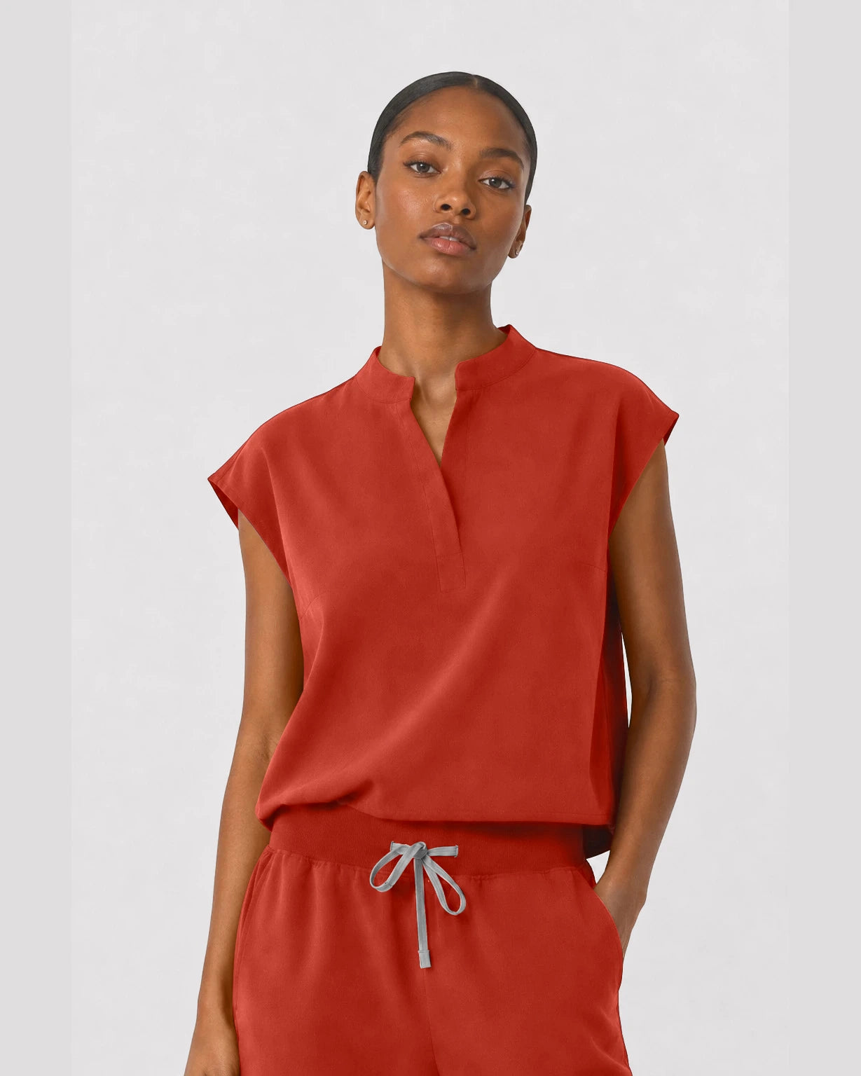 Orange Red Eipnare Women's Sleeveless Mandarin Collar Jogger Scrub Set - Stretch Medical Scrubs for Women