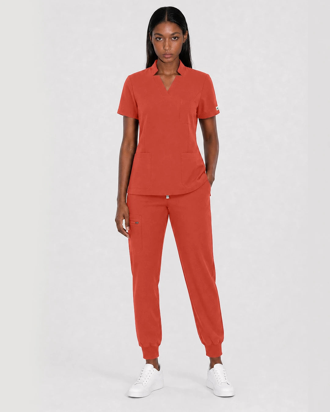 Orange Red Eipnare Women's Split V-Neck Cargo Jogger Scrub Set - Stretch Medical Scrubs for Women