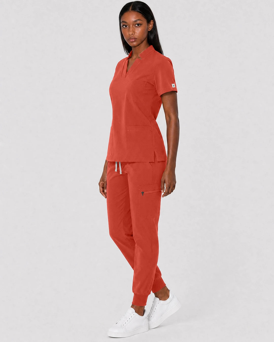 Orange Red Eipnare Women's Split V-Neck Cargo Jogger Scrub Set - Stretch Medical Scrubs for Women