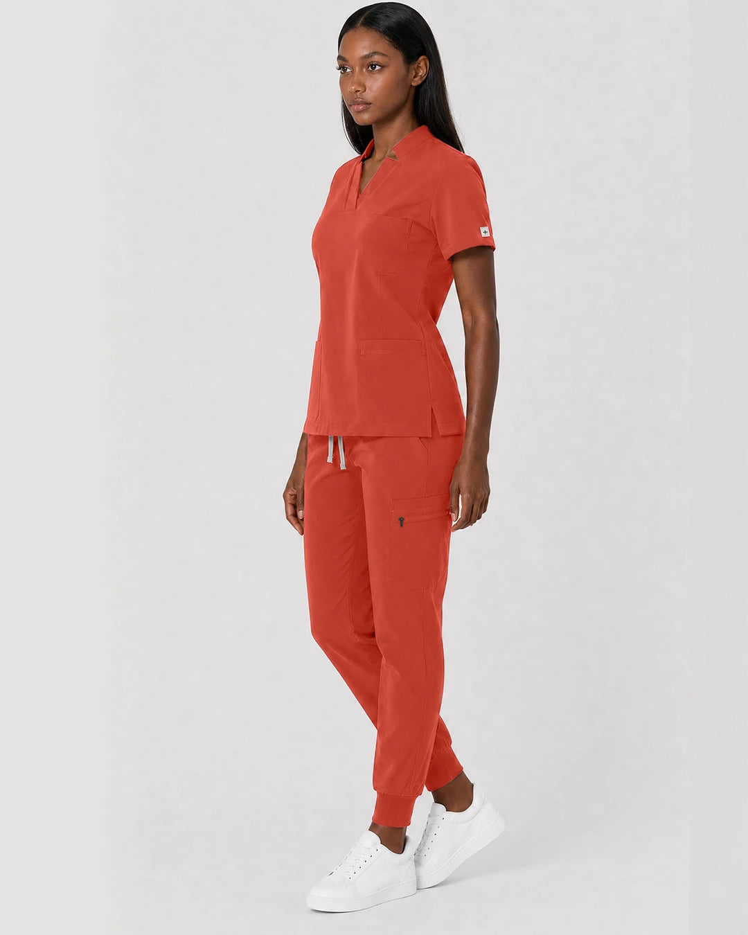 Orange Red Eipnare Women's Split V-Neck Cargo Jogger Scrub Set - Stretch Medical Scrubs for Women