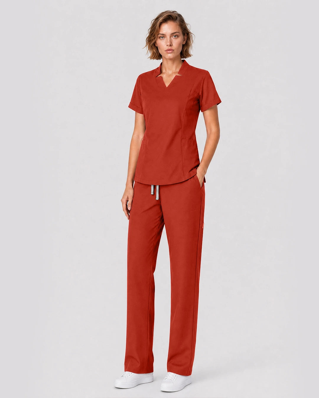 Orange Red Eipnare Women's Split V-Neck Tapered Scrub Set - Stretch Medical Scrubs for Women