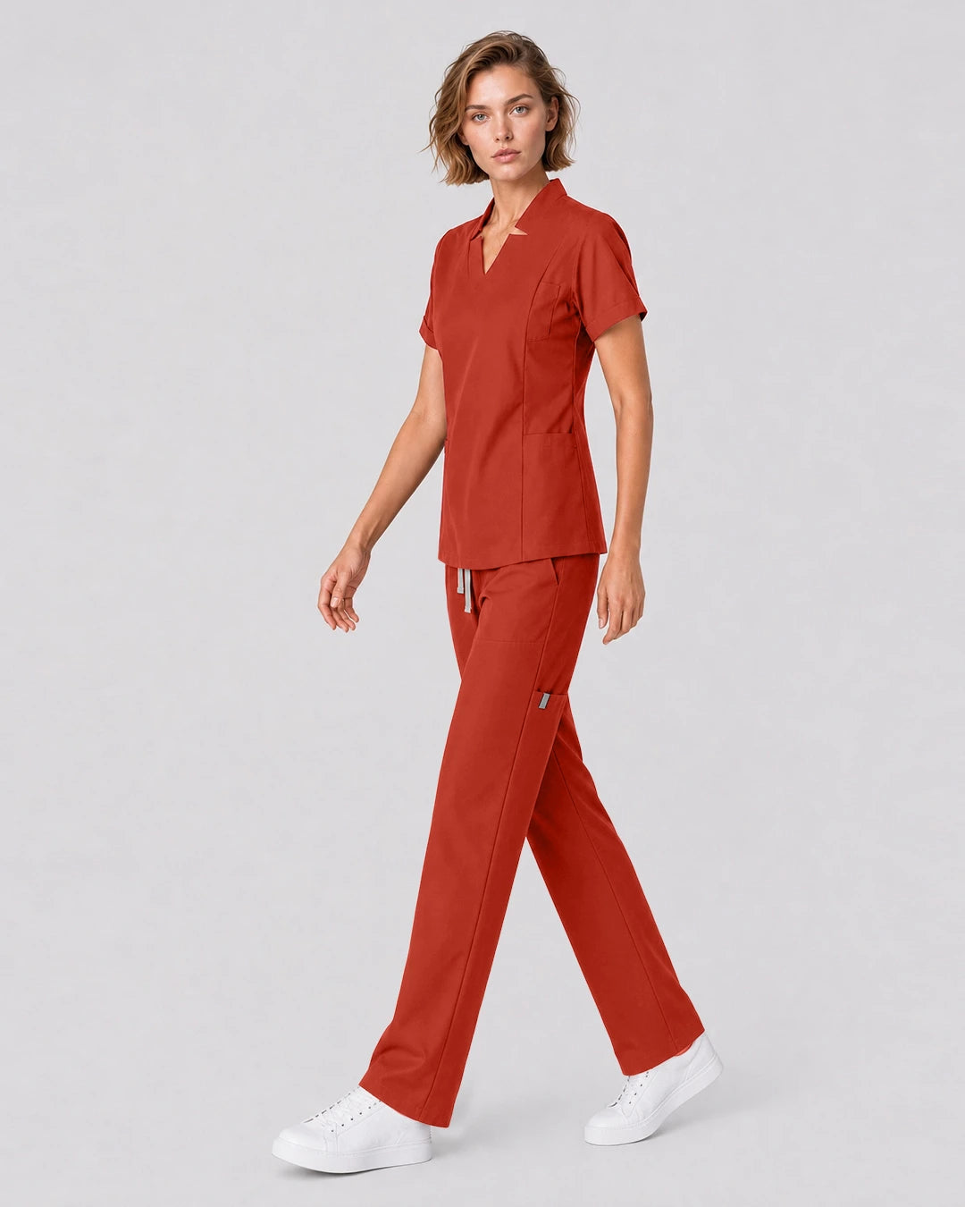 Orange Red Eipnare Women's Split V-Neck Tapered Scrub Set - Stretch Medical Scrubs for Women