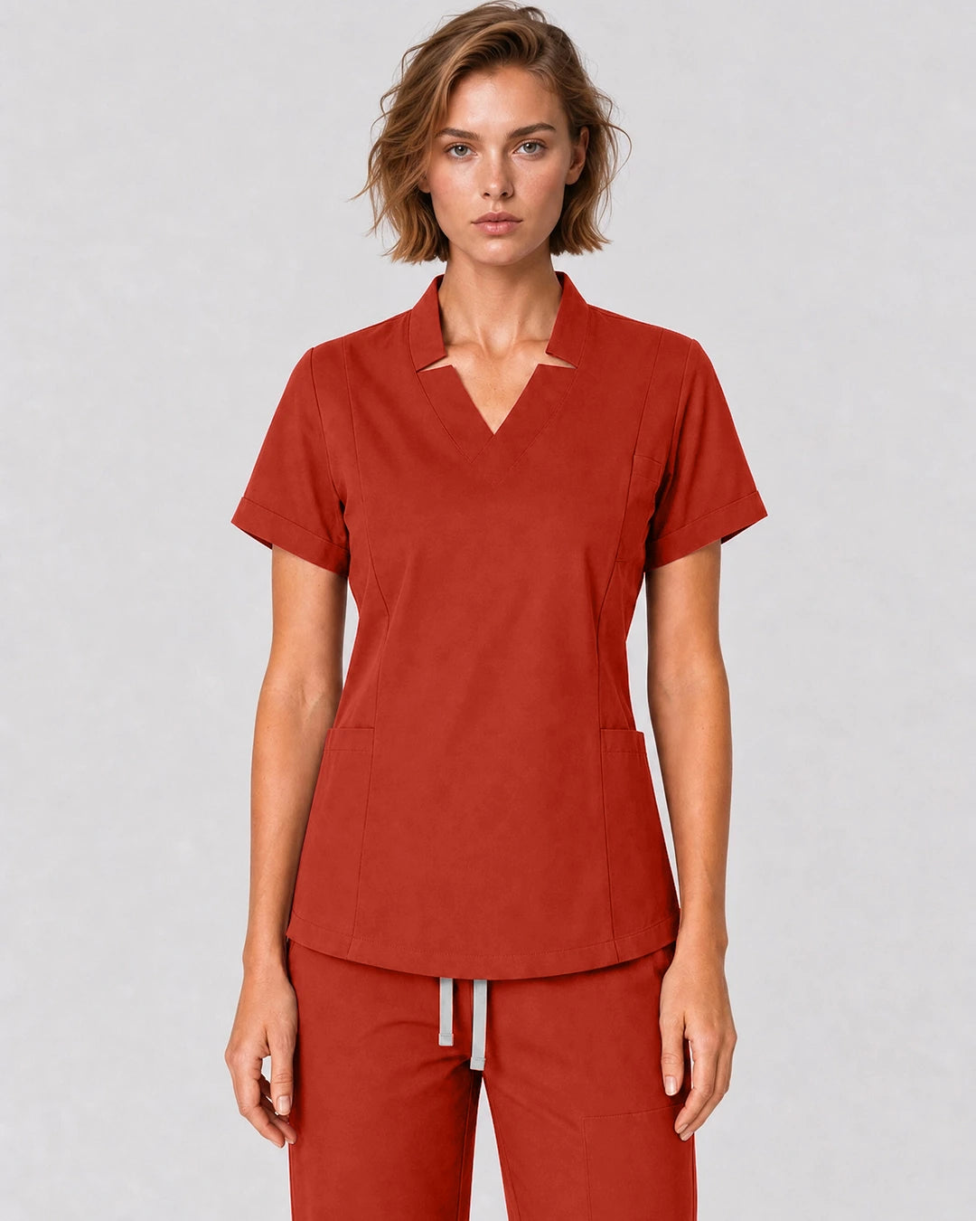 Orange Red Eipnare Women's Split V-Neck Tapered Scrub Set - Stretch Medical Scrubs for Women