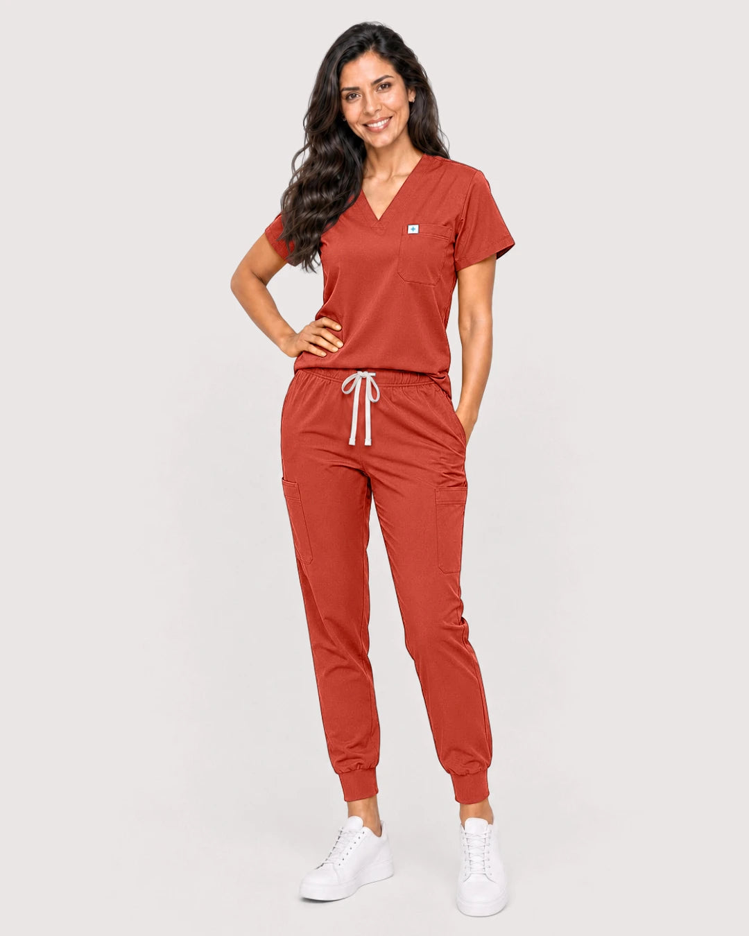 Orange Red Eipnare Women's Knit V-Neck Jogger Scrub Set - Stretch Medical Scrubs for Women