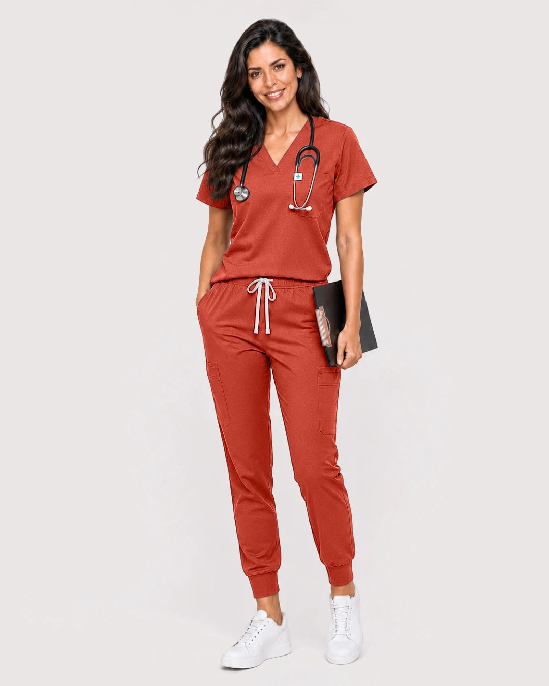 Orange Red Eipnare Women's Knit V-Neck Jogger Scrub Set - Stretch Medical Scrubs for Women