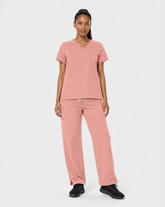 Pink Eipnare Women's Woven V-Neck Straight-Leg Scrub Set - Stretch Medical Scrubs for Women