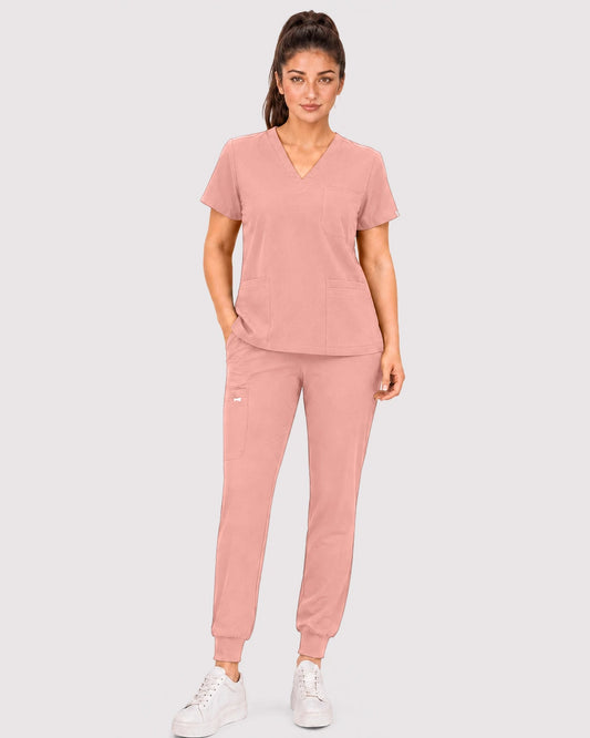 Pink Eipnare Women's 3-Pocket V-Neck Jogger Scrub Set - Stretch Medical Scrubs for Women