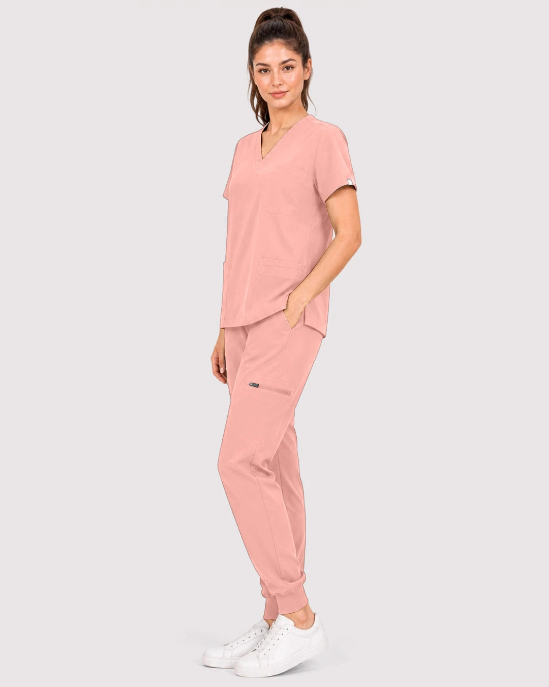 Pink Eipnare Women's 3-Pocket V-Neck Jogger Scrub Set - Stretch Medical Scrubs for Women