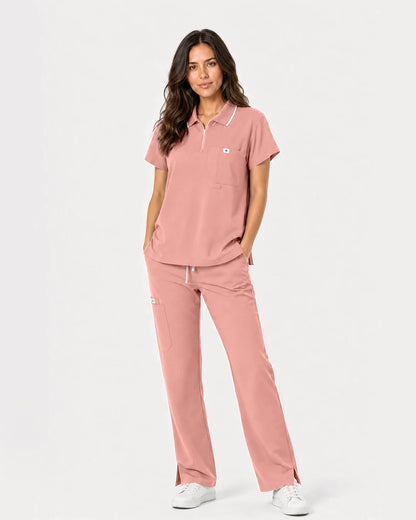 Pink Eipnare Women's Zip Polo Straight-Leg Scrub Set - Stretch Medical Scrubs for Women