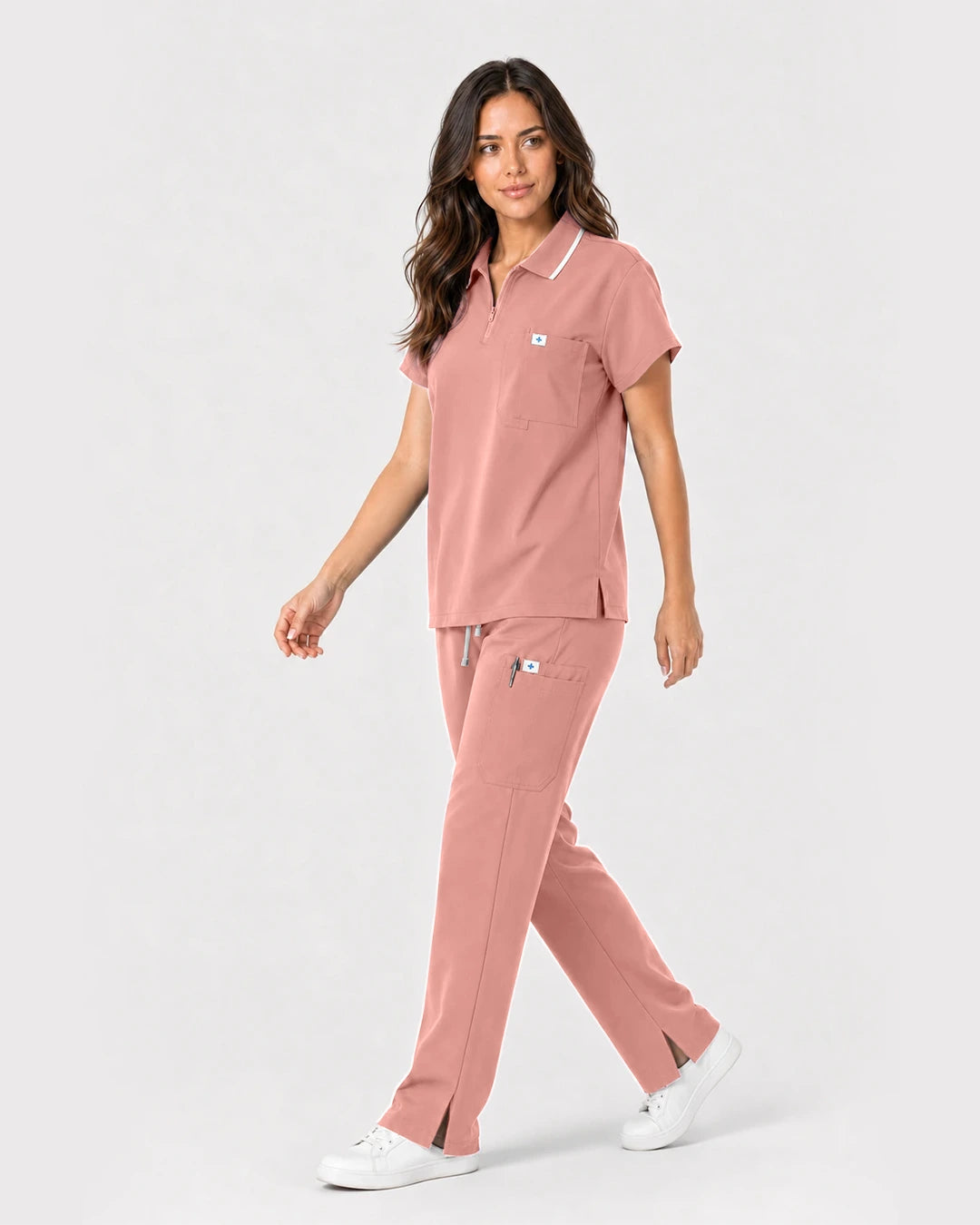 Pink Eipnare Women's Zip Polo Straight-Leg Scrub Set - Stretch Medical Scrubs for Women