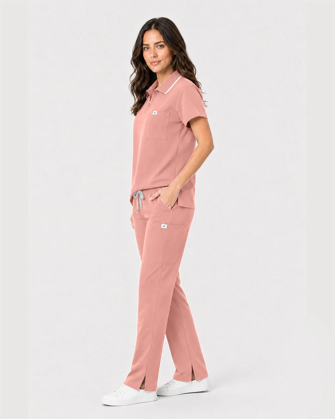 Pink Eipnare Women's Zip Polo Straight-Leg Scrub Set - Stretch Medical Scrubs for Women