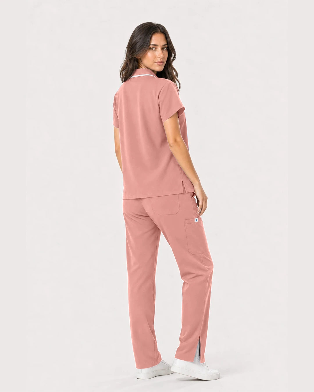 Pink Eipnare Women's Zip Polo Straight-Leg Scrub Set - Stretch Medical Scrubs for Women