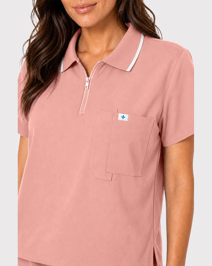 Pink Eipnare Women's Zip Polo Straight-Leg Scrub Set - Stretch Medical Scrubs for Women