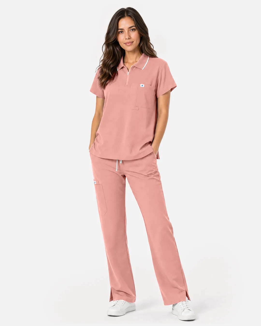Pink Eipnare Women's Polo-Collar Medical Scrub Top - Stretch Medical Scrubs for Women