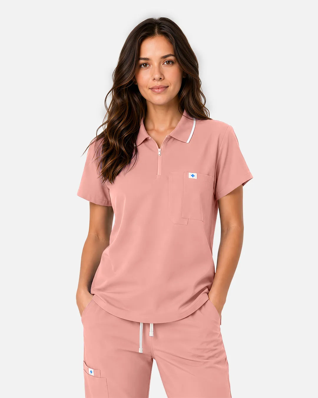 Pink Eipnare Women's Polo-Collar Medical Scrub Top - Stretch Medical Scrubs for Women