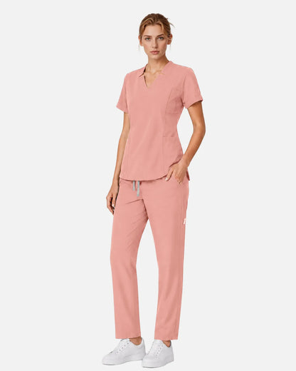 Pink Eipnare Women's Split V-Neck Tapered Scrub Set - Stretch Medical Scrubs for Women