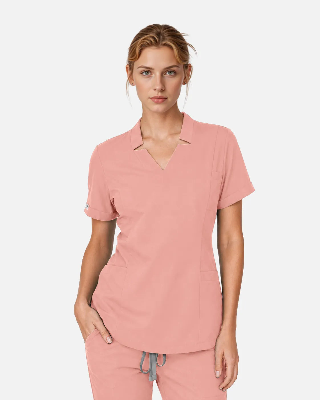 Pink Eipnare Women's Split V-Neck Tapered Scrub Set - Stretch Medical Scrubs for Women
