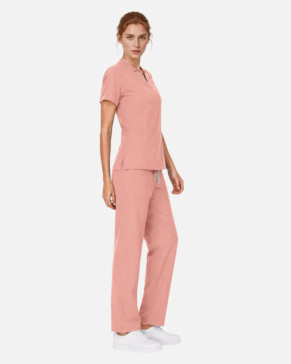 Pink Eipnare Women's Split V-Neck Tapered Scrub Set - Stretch Medical Scrubs for Women