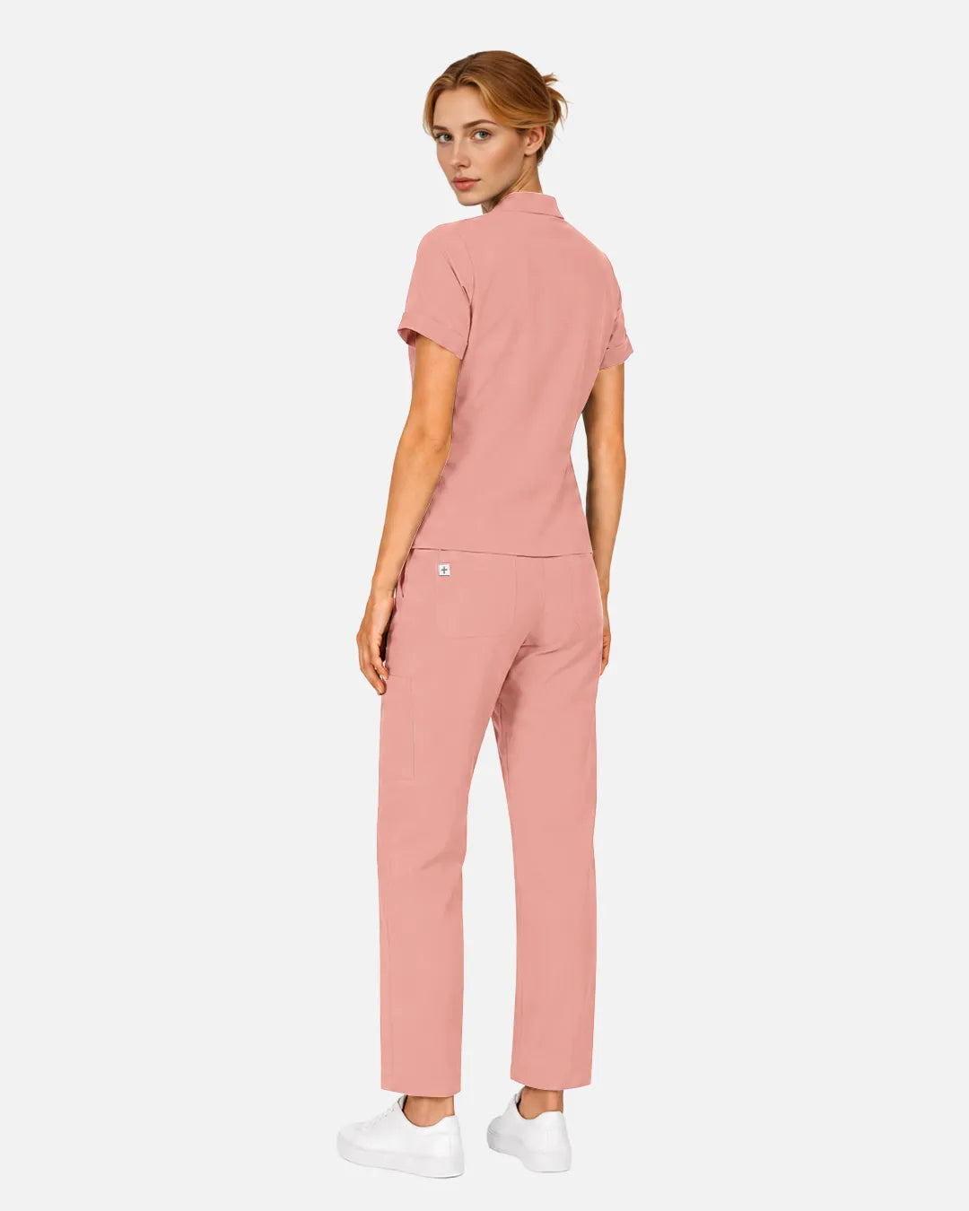 Pink Eipnare Women's Split V-Neck Tapered Scrub Set - Stretch Medical Scrubs for Women