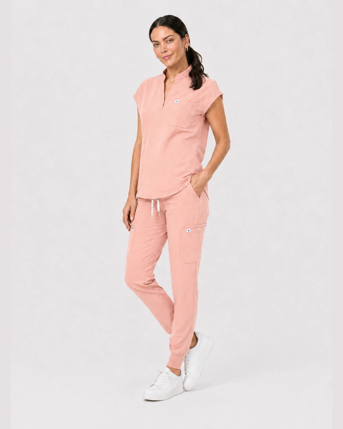 Pink Eipnare Women's 8-Pocket V-Neck Jogger Scrub Set - Stretch Medical Scrubs for Women