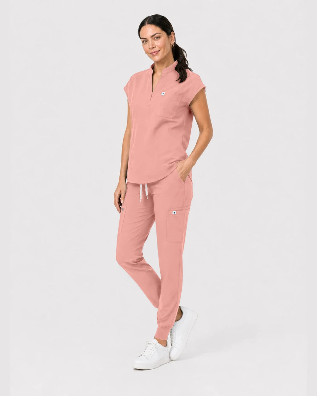 Pink Eipnare Women's Henley Sleeveless Jogger Scrub Set - Stretch Medical Scrubs for Women