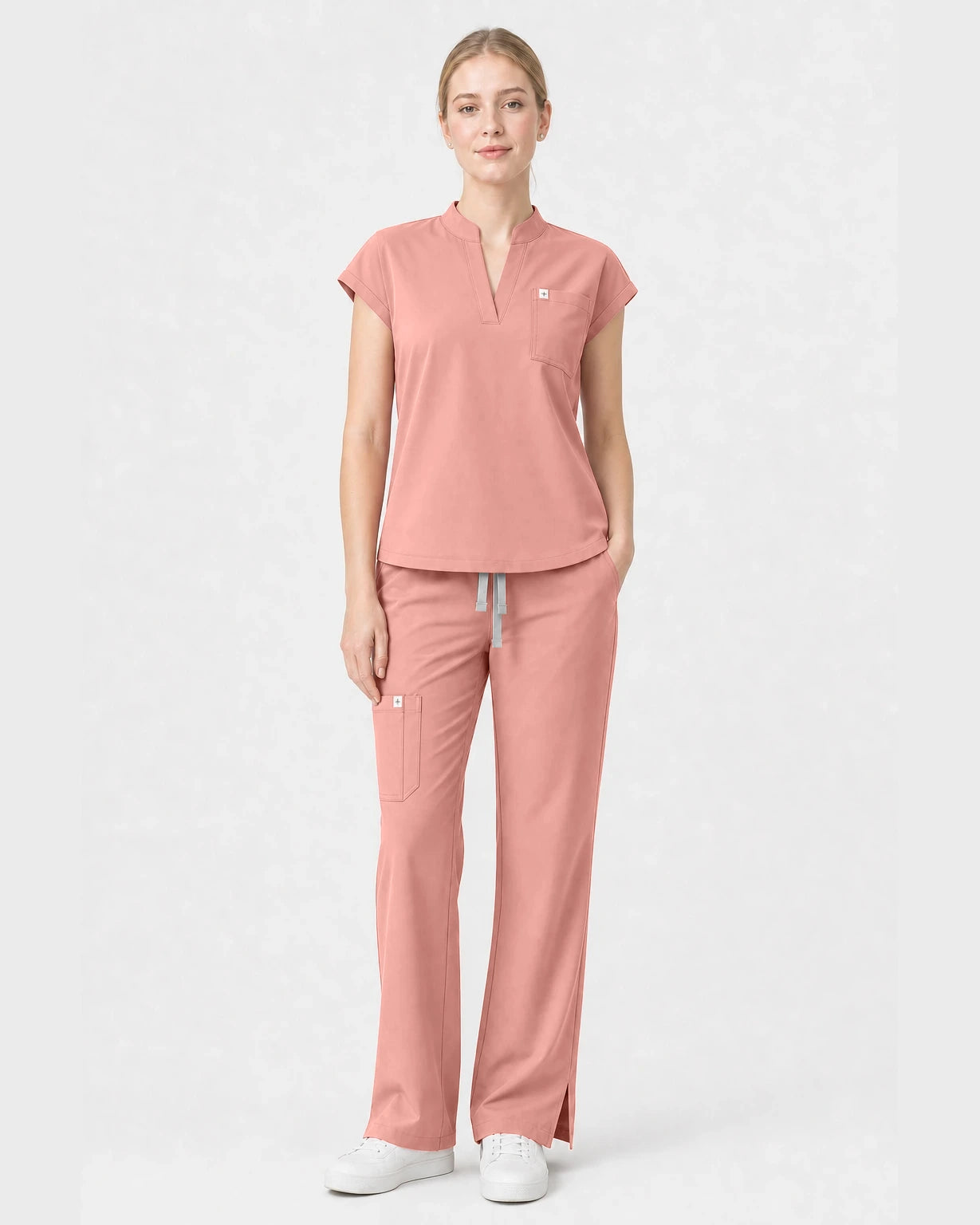 Pink Eipnare Women's Henley Sleeveless Straight-Leg Scrub Set - Stretch Medical Scrubs for Women