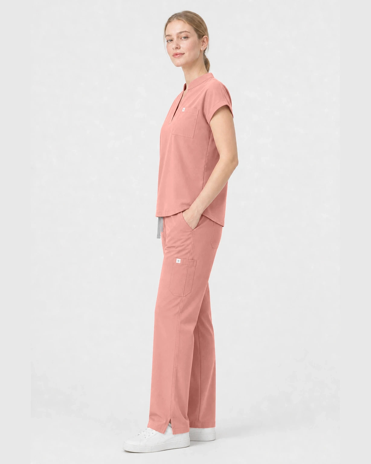 Pink Eipnare Women's Henley Sleeveless Straight-Leg Scrub Set - Stretch Medical Scrubs for Women
