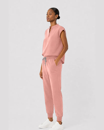 Pink Eipnare Women's Sleeveless Mandarin Collar Jogger Scrub Set - Stretch Medical Scrubs for Women