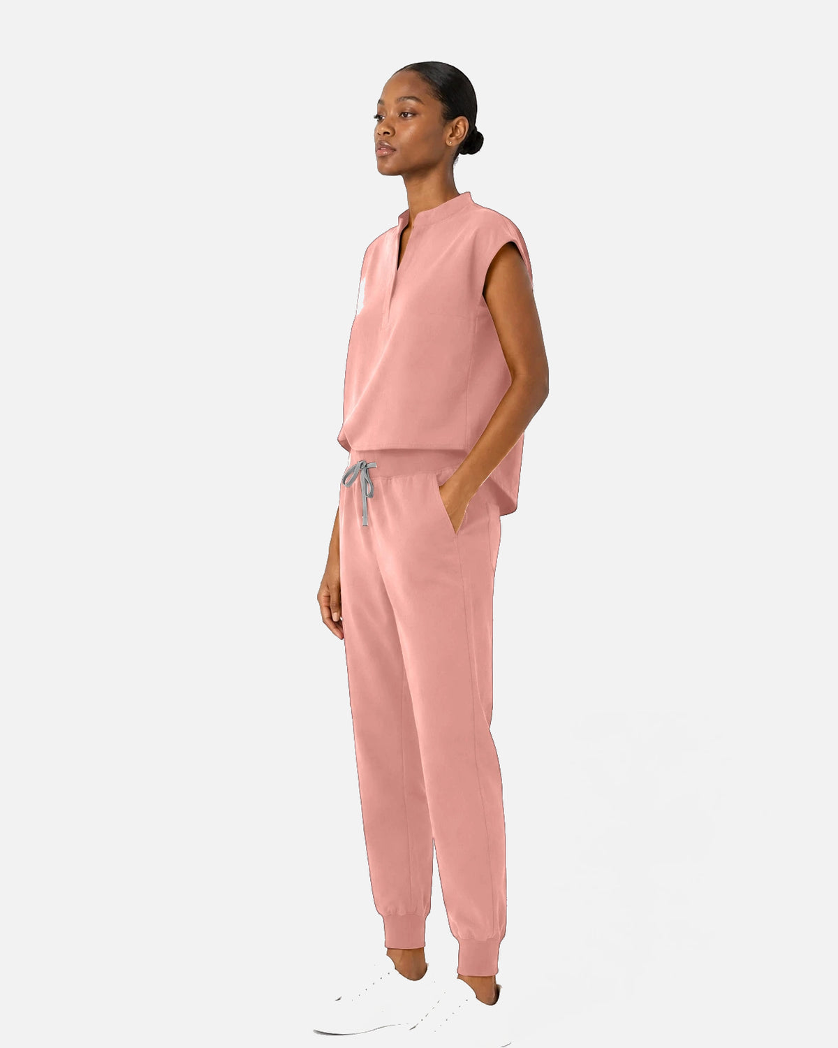 Pink – Eipnare Women's Sleeveless Mandarin Collar Jogger Uniform Set – product image 02