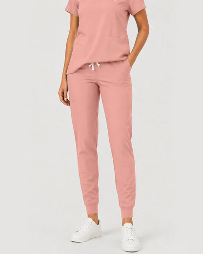 Pink Eipnare Women's Notch V-Neck Cargo Jogger Scrub Set - Stretch Medical Scrubs for Women