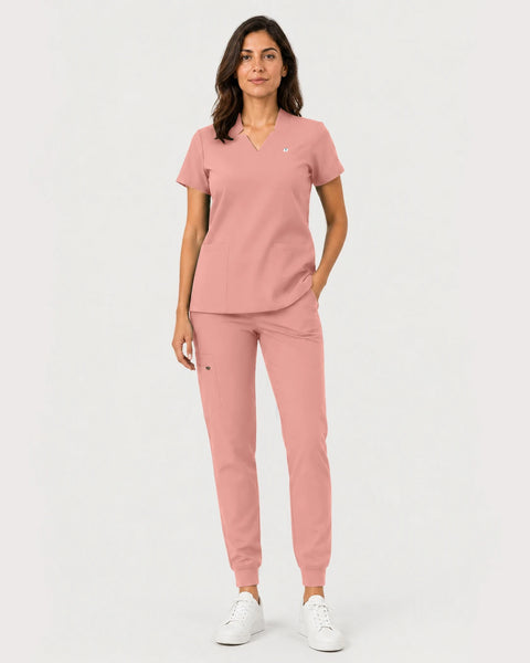 Eipnare Women's Notch V-Neck Cargo Jogger Scrub Set - Pink