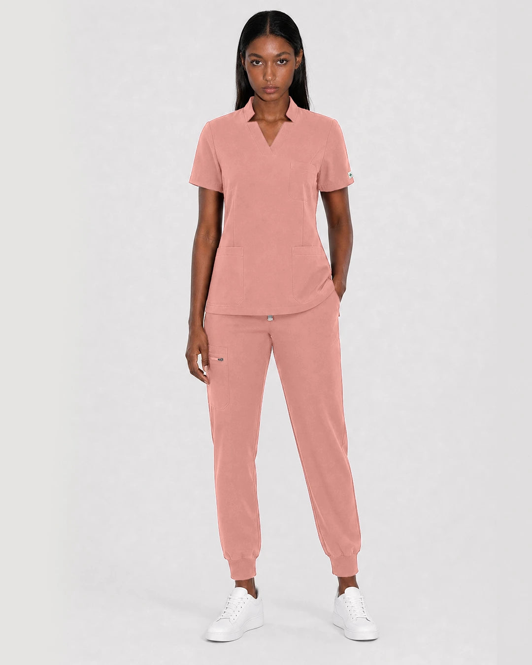 Pink Eipnare Women's Split V-Neck Cargo Jogger Scrub Set - Stretch Medical Scrubs for Women