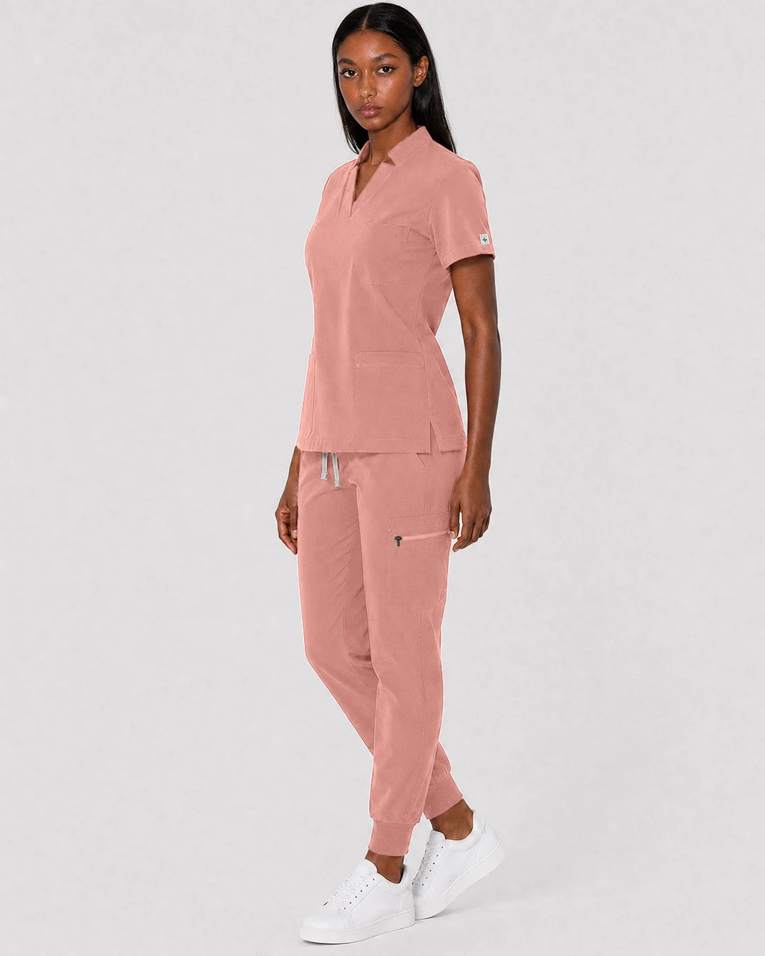 Pink Eipnare Women's Split V-Neck Cargo Jogger Scrub Set - Stretch Medical Scrubs for Women