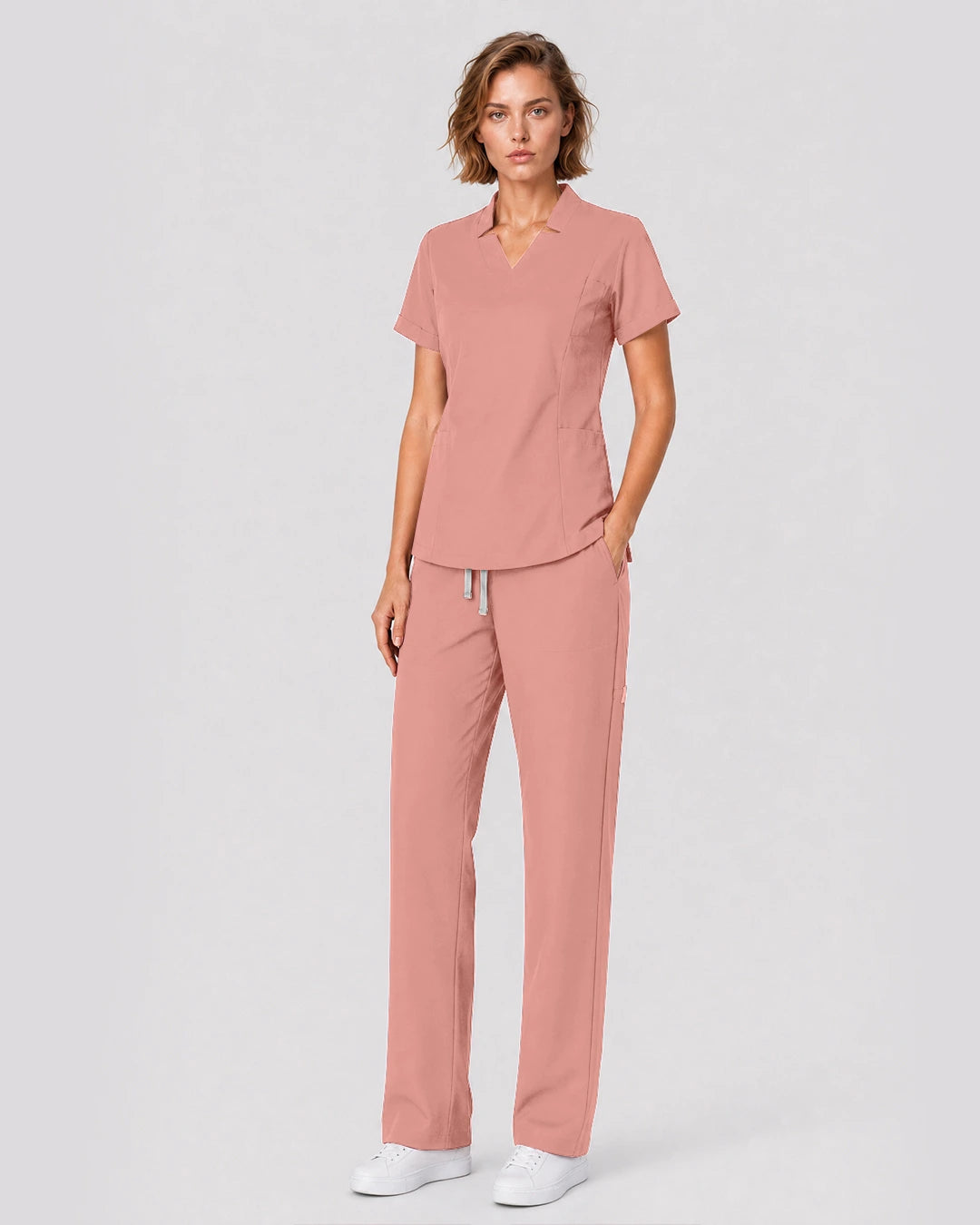 Pink Eipnare Women's Split V-Neck Tapered Scrub Set - Stretch Medical Scrubs for Women