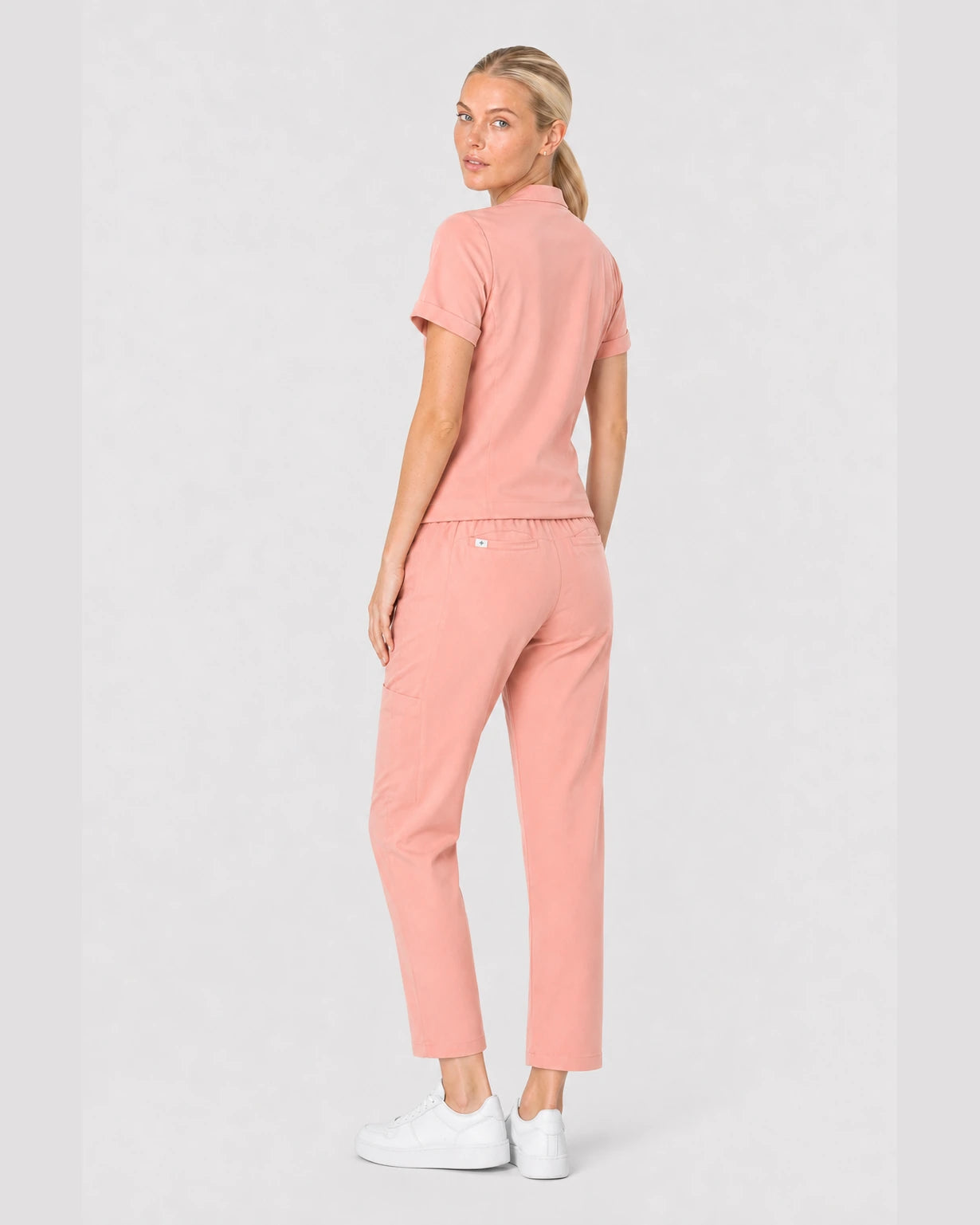 Pink Eipnare Women's V-Neck Split 9-Pocket Slim Fit Scrub Set - Stretch Medical Scrubs for Women