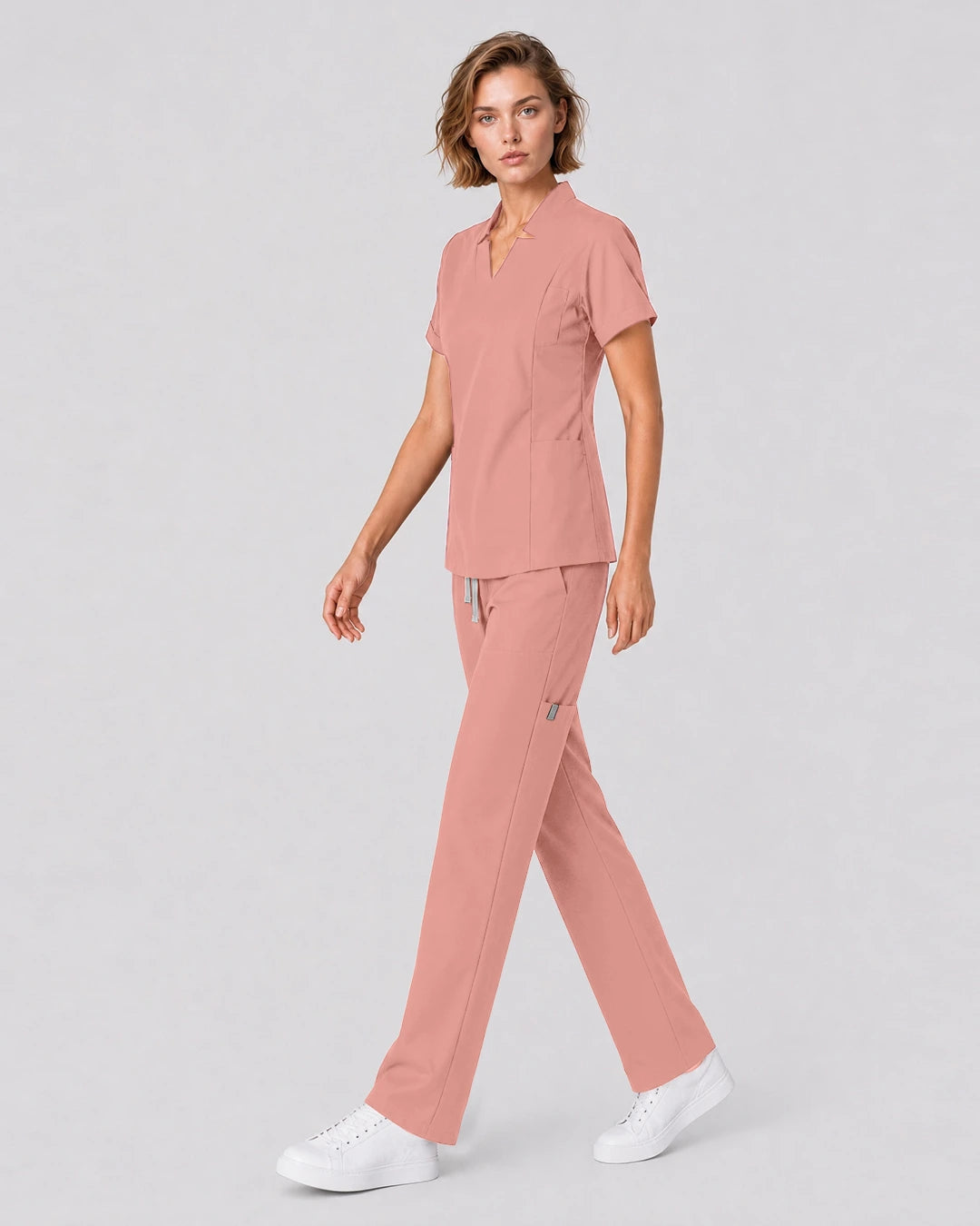 Pink Eipnare Women's Split V-Neck Tapered Scrub Set - Stretch Medical Scrubs for Women